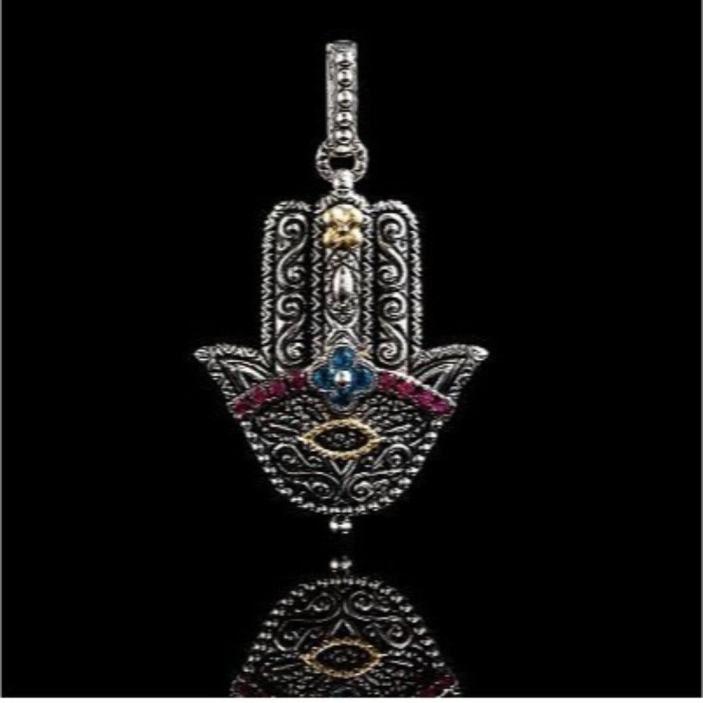 Barbara Bixby Sterling 925 18K Gemstone Hamsa Enhancer London Blue Topaz Garnet
